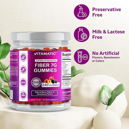 Vitamatic Prebiotic Fiber Gummies for Adults, 7G Extra Strength, Zero Sugar Added, 240 Pectin Based Gummies, Digestive Health & Regularity Support