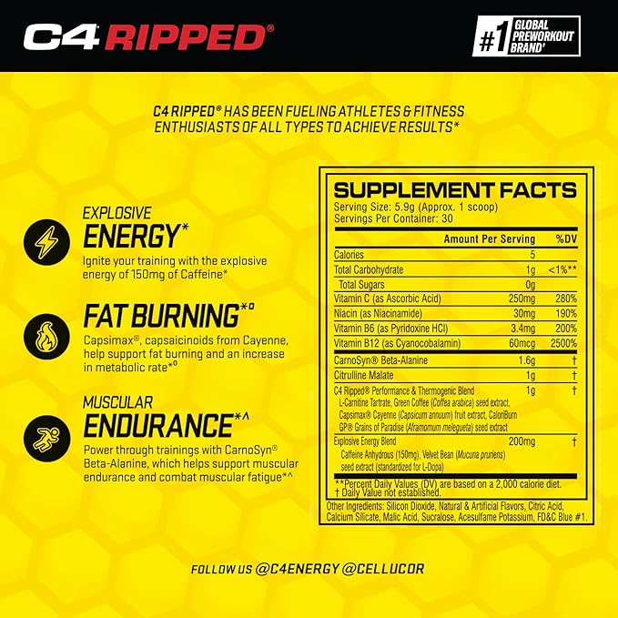 Cellucor C4 Ripped Pre Workout Powder for Energy, Beta Alanine, Sugar Free Energy Supplement Preworkout for Men & Women - 150mg Caffeine + Creatine-Free - ICY Blue Razz - 30 Servings