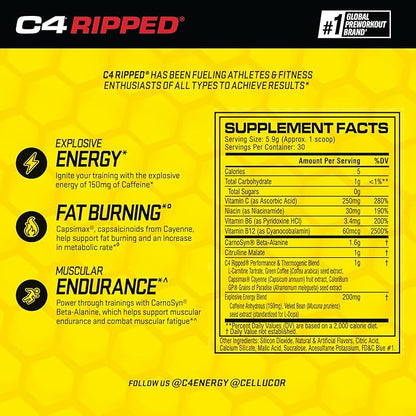 Cellucor C4 Ripped Pre Workout Powder for Energy, Beta Alanine, Sugar Free Energy Supplement Preworkout for Men & Women - 150mg Caffeine + Creatine-Free - ICY Blue Razz - 30 Servings
