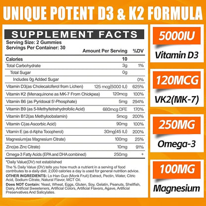 Vitamin D3 K2 Gummies for Adults - Vitamin D3 5000IU + K2 (MK-7) 120mcg - Sugar-Free D3 and K2 Supplements with Omega-3, Methyl B12, B9, B6, Vitamins E & Zinc - for Calcium Absorption & Immune Health