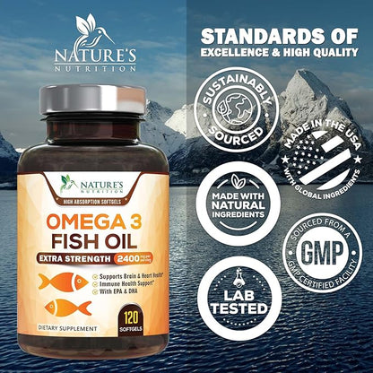 Triple Strength Omega 3 Fish Oil - 2400 mg Natural Omega-3 Supplements Support Brain, Heart & Joint Health with EPA & DHA Essential Fatty Acids - Lemon Flavor, Burpless, Wild Caught - 120 Softgels
