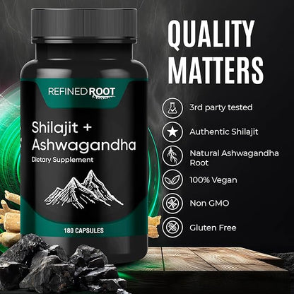 Shilajit Capsules 1000mg & Ashwagandha Supplements 500mg (180 Count) Pure Himalayan Shilajit - (20% Fulvic Acid Supplement) - Ashwagandha Capsules