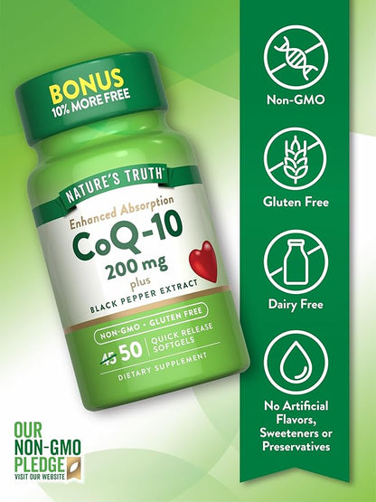 Nature's Truth CoQ10 200 mg Softgels | 50 Count | Enhanced Absorption Supplement | Plus Black Pepper Extract | Non-GMO, Gluten Free