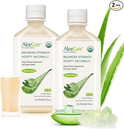 AloeCure USDA Organic Aloe Vera Juice Made Within 12 Hrs of Harvest - Pure Aloe Juice Natural Digestive Supplement to Support Digestion, Immune System and Balanced Stomach Acidity, 2 x 500ml Bottles