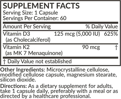 Futurebiotics Vitamin K2 (MK7) with D3 Supplement - Non-GMO Formula - 5000 IU Vitamin D3 & 90 mcg Vitamin K2 MK-7, 60 Vegetarian Capsules