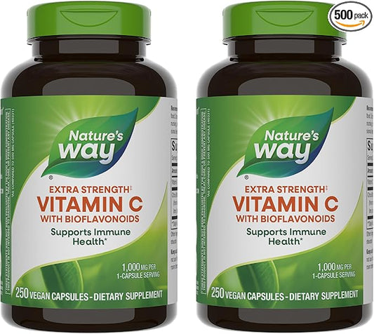 Nature's Way Extra Strength Vitamin C with Bioflavonoids, Supports Immune Health*, Promotes Collagen Production for Healthy Skin*, 1g Vitamin C per Capsule, 250 Capsules (Packaging May Vary) - 2 Pack