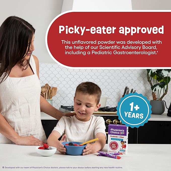 Physician's Choice Kids Probiotic + Prebiotic Fiber Packets (Ages 1+) - Supports Regularity, Occasional Constipation & A Healthy Digestive System - No Allergens or Preservatives - Unflavored - 24 Pack