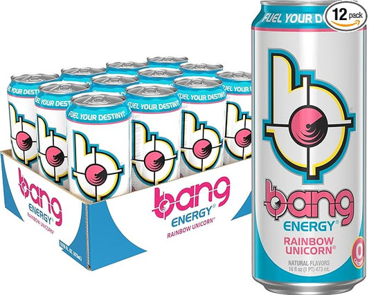 Bang Energy Rainbow Unicorn, Sugar-Free Energy Drink, 16 Fl Oz (Pack of 12) - Packaging May Vary