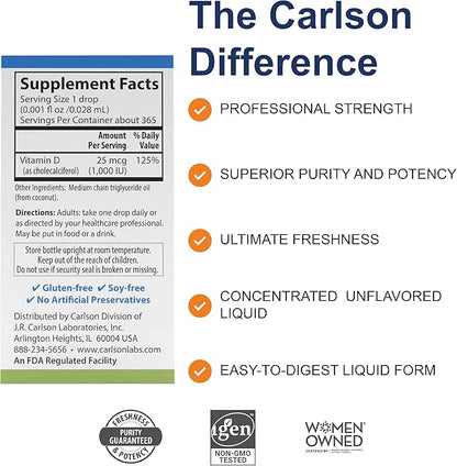 Carlson - Super Daily D3, Vitamin D Drops, 1,000 IU (25 mcg) per Drop, 1-Year Supply, Vitamin D3 Liquid, Heart & Immune Health, Vegetarian, Liquid Vitamin D3 Drops, Unflavored, 365 Drops
