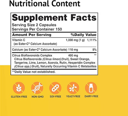 American Health Ester-C with Citrus Bioflavonoids Capsules - 24-Hour Immune Support, Gentle On Stomach, Non-Acidic Vitamin C - Non-GMO, Gluten-Free - 500 mg, 300 Count, 150 Servings