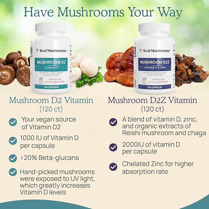 Real Mushrooms Vitamin D2 120 ct Vegan D Supplements - Organic Supplement 1000 IU Shiitake Agaricus Mushroom Complex Vitamins for Bone Muscle Health, Energy, Mood
