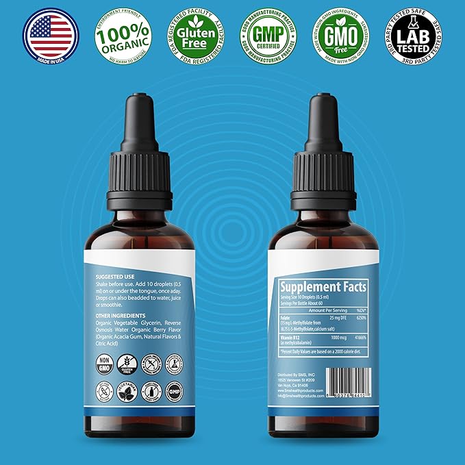 L-Methylfolate 15mg + Methyl B12 Liquid Drops – High Potency Sublingual Formula with Natural Berry Flavor – Active 5-MTHF & Bioactive B12 for Mood, Cognitive Health & Methylation Support (2oz)