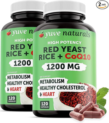 Red Yeast Rice 1200 mg Capsules with CoQ10 - Maintain Healthy Cholesterol Levels, Herbal Heart Health Vegan Red Yeast Rice Supplement - Red Rice Yeast with CoQ10 for Women & Men - 120 Ct (2-Pack)