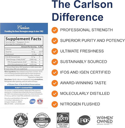 Carlson - Elite DHA, 2270 mg DHA, Professional Strength, Norwegian Fish Oil Concentrate, Cognitive Function & Vision Support, Orange, 100 mL