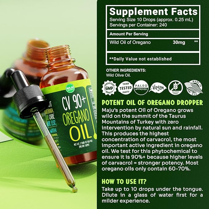 Maju Superfoods Oregano Oil Drops - Potent 90%+ Carvacrol (2 fl Oz) Wild Mediterranean Essential Oil of Oregano Liquid, Aceite de Oregano, Immune and Seasonal Support