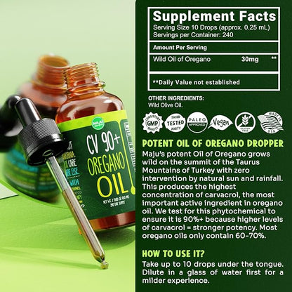 Maju Superfoods Oregano Oil Drops - Potent 90%+ Carvacrol (2 fl Oz) Wild Mediterranean Essential Oil of Oregano Liquid, Aceite de Oregano, Immune and Seasonal Support