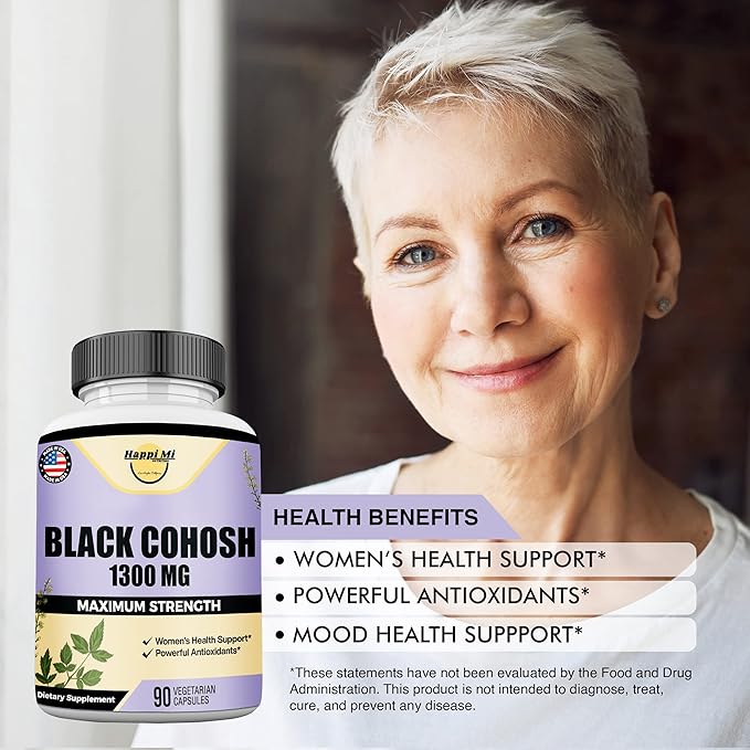 Black Cohosh Made with Organic Black Cohosh Root 1300MG per Serving, Balance Hormones, Natural Menopause & Menstrual Support, Women Health Support, 90 Vegan Capsules, 45 Servings
