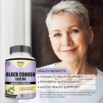 Black Cohosh Made with Organic Black Cohosh Root 1300MG per Serving, Balance Hormones, Natural Menopause & Menstrual Support, Women Health Support, 90 Vegan Capsules, 45 Servings