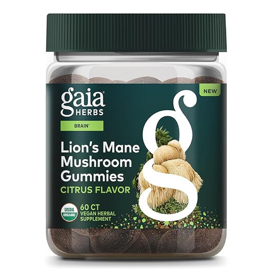 Gaia Herbs Lion's Mane Mushroom - Natural Brain Support Supplement - Made with Organic Lion's Mane Mushrooms - Free from Gluten, Soy & Dairy - 60 Vegan Gummies (30 Servings)