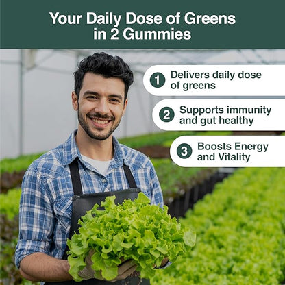 Daily Greens Gummies - Raspberry Flavored Nutrient Rich Blend with Chlorella, Spirulina, Beetroot, Lions Mane, Ashwagandha and Reishi for Vitality, Wellness and Herbal Support