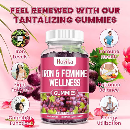 Iron & Hormone Balance for Women Gummies, 40mg Iron Supplement Anemia with multivitamin for Women, Zinc, Selenium, Iodine - for Iron Deficiency - Natural Hormonal Support for PMS, Vegan 60 Count