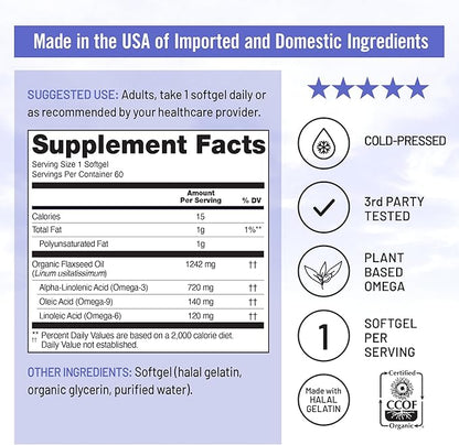 NatureWise Flaxseed Oil 1200 mg, Fish Free Omega 3 6 9 with 720mg ALA, Dietary Supplement for Heart Health Support - Organic, Cold Pressed, Non-GMO - 60 Softgels[2-Month Supply]