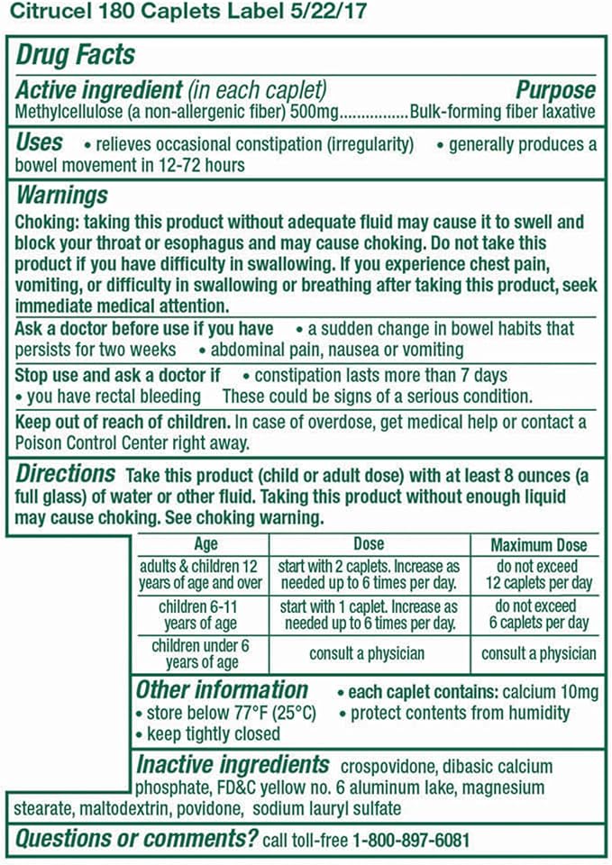 Citrucel Fiber Therapy Caplets for Irregularity, Easy to Swallow Methylcellulose , 180 Count