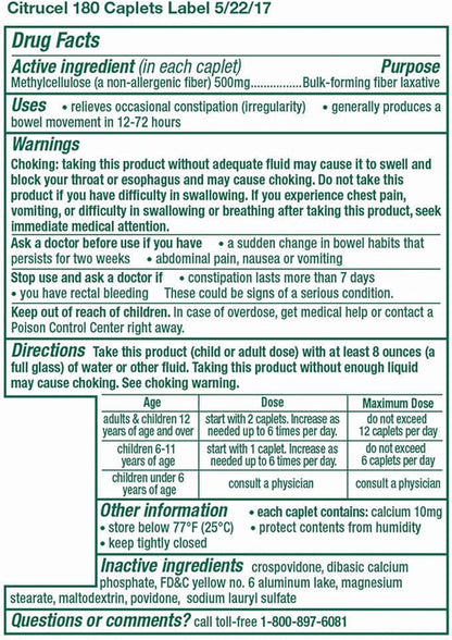 Citrucel Fiber Therapy Caplets for Irregularity, Easy to Swallow Methylcellulose , 180 Count