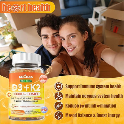 Organic Plant D3 5000 IU + K2(MK-7)100 mcg -5X Absorption Than Standard D3K2, 100% Whole Food Derived Omega-3,Methyl B12,Vitamin C, Zinc,and 5 Organic Vegetables,Supports Bone & Teeth Strength, Immune