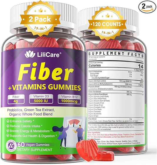 Probiotics Fiber Gummies for Adults Sugar Free + Psyllium Husk Fiber Supplement (Soluble + Insoluble) /w Vitamin B12 1000 mcg Vitamin D3 5000 iu for Metabolism - 60 Count (Pack of 2)