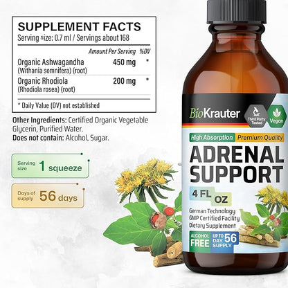 BIO KRAUTER Adrenal Support Tincture - Rhodiola & Ashwagandha Supplements - Vegan Mood Support Drops 4 Fl.Oz.