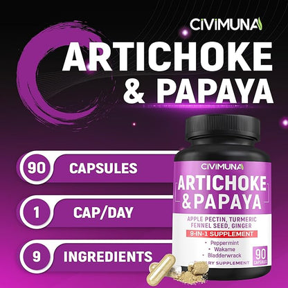 Artichoke Capsules with Artichoke, Papaya, Apple Pectin and More - 90 Capsules for 3 Months Supply