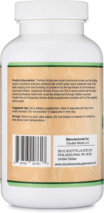 Essential Amino Acids - 1 Gram Per Serving Powder Blend of All 9 Essential Aminos (EAA) and All Branched-Chain Aminos (BCAAs) (Leucine, Isoleucine, Valine) 225 Capsules, Gluten Free by Double Wood