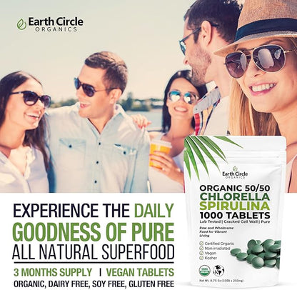 Premium Organic CHLORELLA /SPIRULINA 1000 Tablets (50/50) Kosher, Vegan - Green Algae Superfood, Cracked Cell Wall, Chlorophyll, High in Protein & Iron, no additives, or fillers 8.75 Oz (2 Pack)