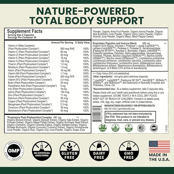 OPTIVIDA Organic Whole Food Multivitamin for Men & Women (1 Month Supply) with Probiotics & Antioxidant Blends | Daily Plant Based Multivitamins | Non-GMO, Whole Food Womens Multivitamin