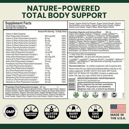 OPTIVIDA Organic Whole Food Multivitamin for Men & Women (1 Month Supply) with Probiotics & Antioxidant Blends | Daily Plant Based Multivitamins | Non-GMO, Whole Food Womens Multivitamin