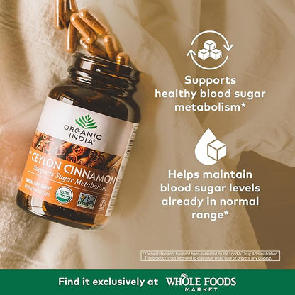 ORGANIC INDIA Ceylon Cinnamon Supplement - Organic Ceylon Cinnamon Capsules, Cinnamon Pills Herbal Supplement, Support Digestion, Source of Antioxidants, USDA Organic, Vegan, Gluten-Free - 60 Capsules