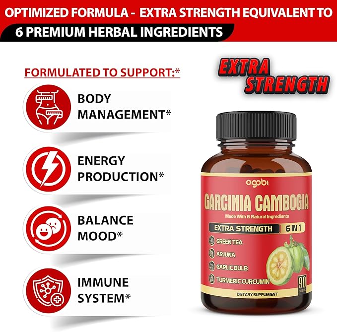 Pure Garcinia Cambogia Capsules - 6in1 with Green Tea, Arjuna, Garlic Bulb, Turmeric & Black Pepper - 90 Counts