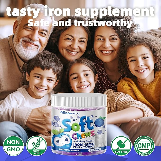 Iron Soft Chew Supplement with Vitamin C | Blueberry Flavored | Gluten Free | Iron Supplement for Women Men and Kids | 60 Count | 2 Month Supply