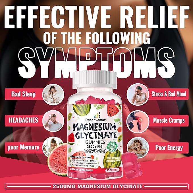 Magnesium Glycinate Gummies 2500mg - Sugar Free Magnesium Potassium Supplement with Vitamin D, B6, CoQ10 for Calm Mood & Sleep Support - 90 Watermelon Gummies