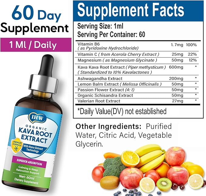 IHW-2 Fl Oz-Kava Kava Root Extract Supplement, High Concentration Kava Extract Drops for Mood Support, Relaxation and Natural Sleep, Vegan Non GMO