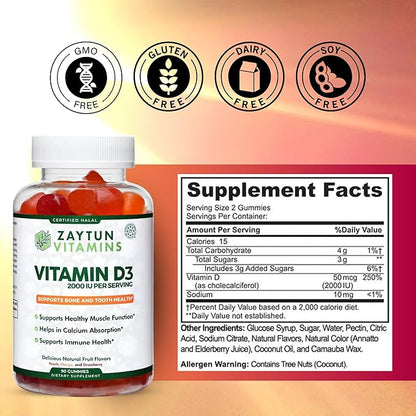 Zaytun Halal Vitamin D3 2000 IU Gummies, Supports Bone & Immune Health, Promotes Muscle Function, Gluten & Gelatin Free, (3-Pack) - Made in USA