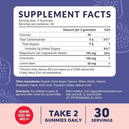 Magnesium Calming Gummies for Children | Strawberry | Relaxation & Natural Wake-Sleep Cycles | Relaxing Magnesium for Kids with Chamomile & Lemon Balm | Non-GMO, Gluten-Free | Calm Gummies 60ct