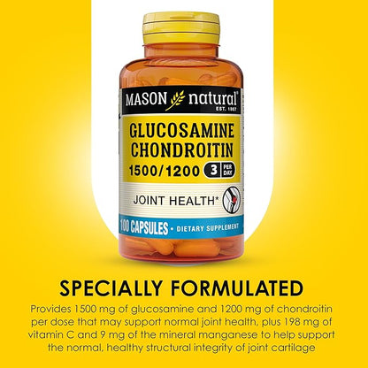 MASON NATURAL Glucosamine Chondroitin 1500/1200 3 Per Day with Vitamin C - Supports Joint Health, Improved Flexibility and Mobility*, 100 Capsules