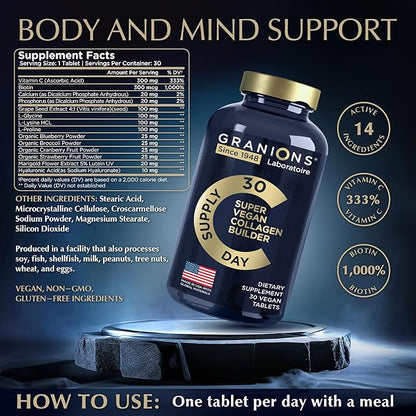 Vegan Collagen Supplements for Women and Men - Plant Based Collagen Boost Tablets - Beauty Booster Vegan Biotin, Hyaluronic Acid, Amino Acids, Organic Collagen Peptides - 30 Collagen Vegan Pills
