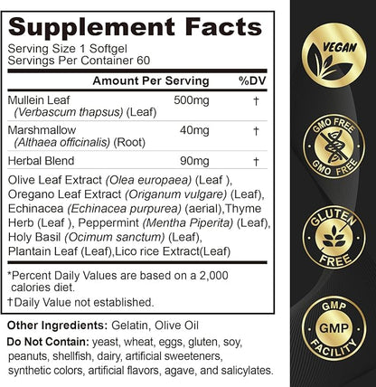 Mullein Leaf Extract for Lungs Softgels, Lung Detox Cleanse Respiratory Lung Support, Herbal Supplements for Smokers, Vegan, Non-GMO, Immune Digestive Support, 120-Count, 120 Days Supply