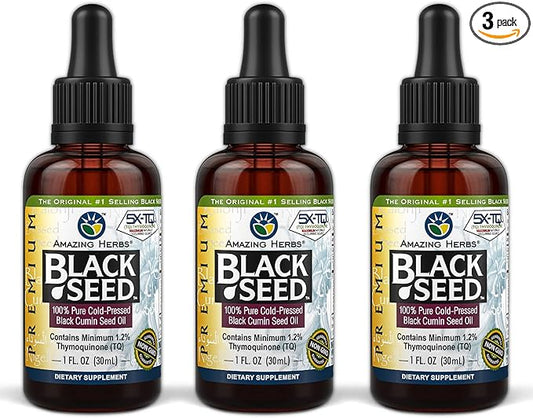 Amazing Herbs Premium Black Seed Oil - Gluten Free, Non GMO, Cold Pressed Nigella Sativa Aids in Digestive Health, Immune Support, Brain Function - 1 Fl Oz (Pack of 3)