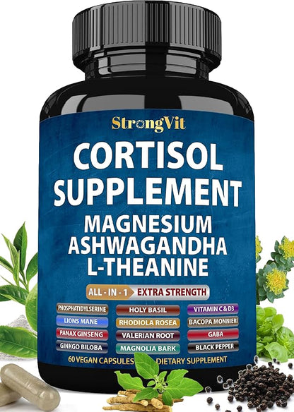 Cortisol Supplements for Women and Men with Magnesium, Ashwagandha & L-Theanine. High Cortisol Reducer, Manager, Detox, Lower and Control. Sleep Support & Stress Relief, USA