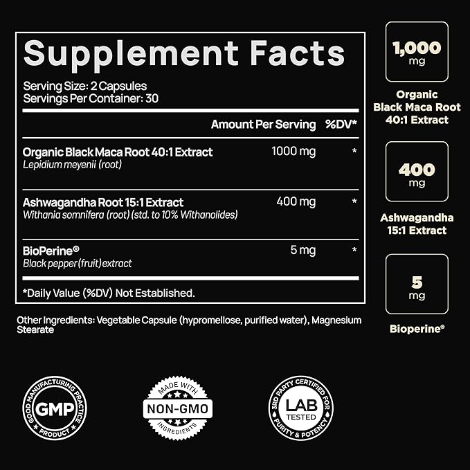 ELMNT 40,000mg 40x Strength Organic Black Maca Root + Ashwagandha - #1 Highest Potency Black Maca Root Capsules for Men Supplement 100% Pure Maca Peruana 40:1 Extract Maca Powder Pills Male Booster