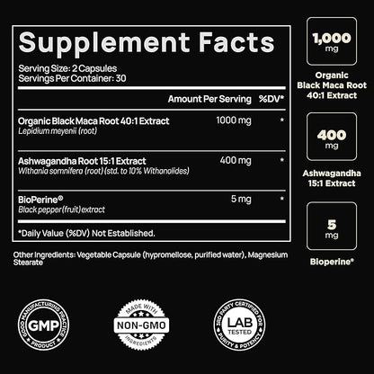 ELMNT 40,000mg 40x Strength Organic Black Maca Root + Ashwagandha - #1 Highest Potency Black Maca Root Capsules for Men Supplement 100% Pure Maca Peruana 40:1 Extract Maca Powder Pills Male Booster